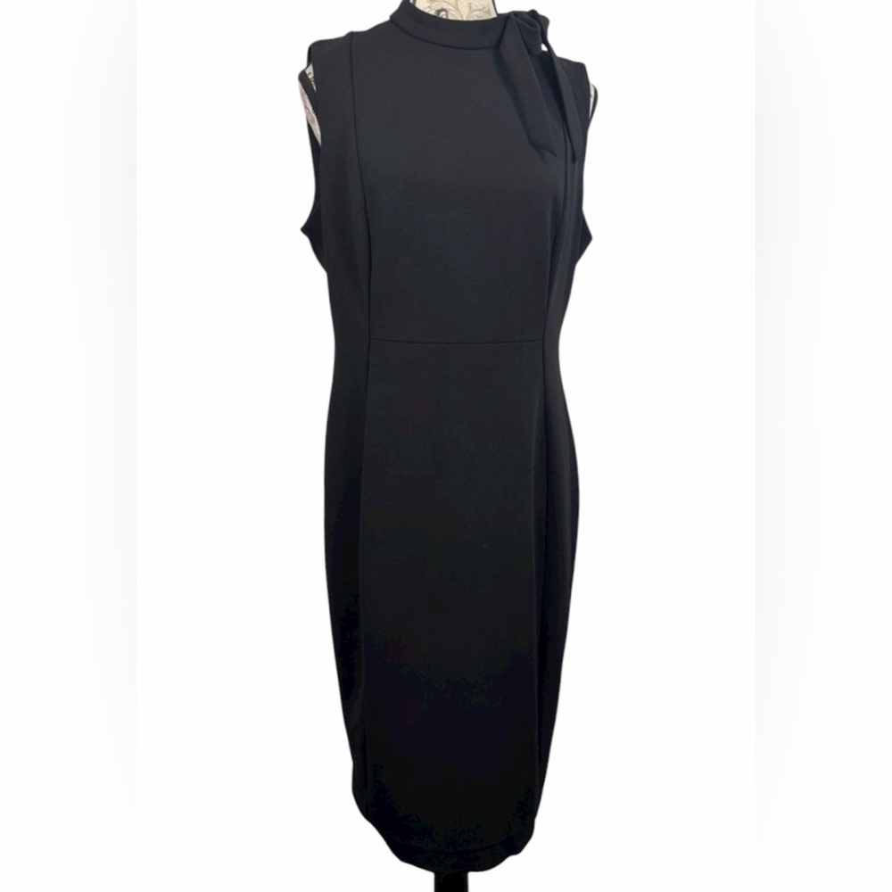 Calvin Klein Black Midi Dress with Bow Tie at Neckline Backside Zip Up Size 12